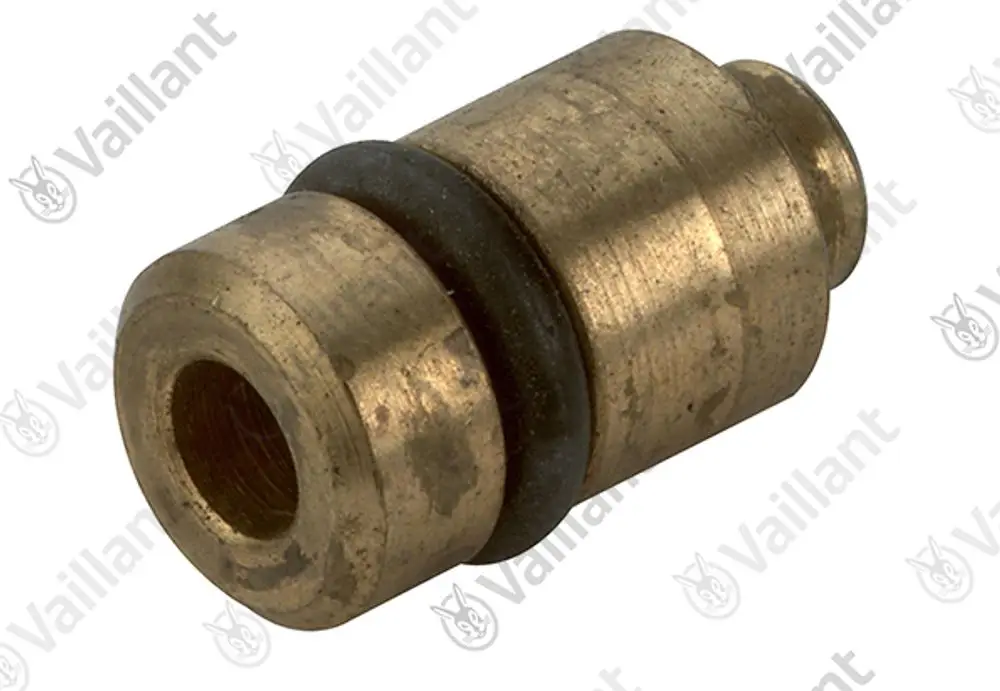 Vaillant Stopfen mit einer metallischen Oberfläche und einer schwarzen Dichtung, verwendet in Heizungsanlagen oder ähnlichen Anwendungen.